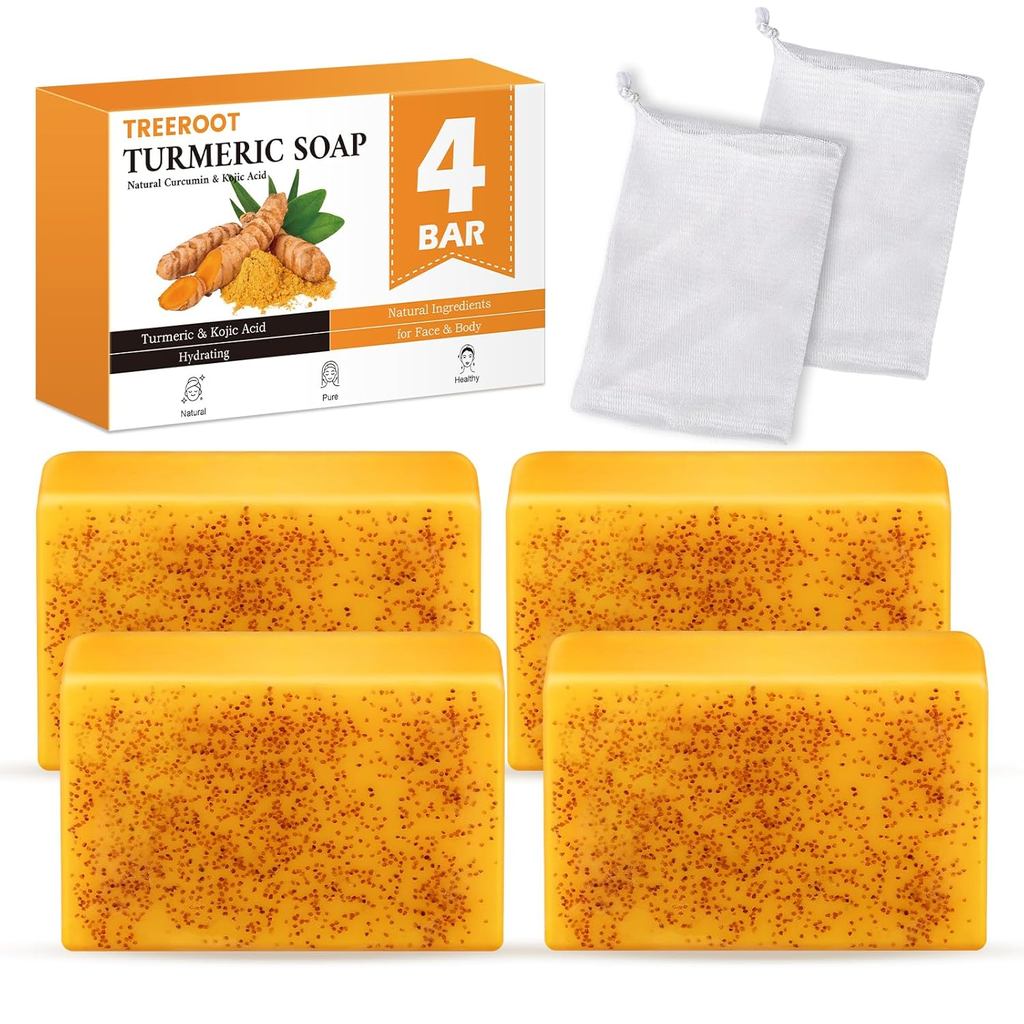 สบู่ขมิ้น Treeroot 4 Pack, ก้อนสบู่กรดโคจิก 100g, ทําความสะอาดผิวหน้าอย่างอ่อนโยน, มีเรตินอล, คอลลาเ