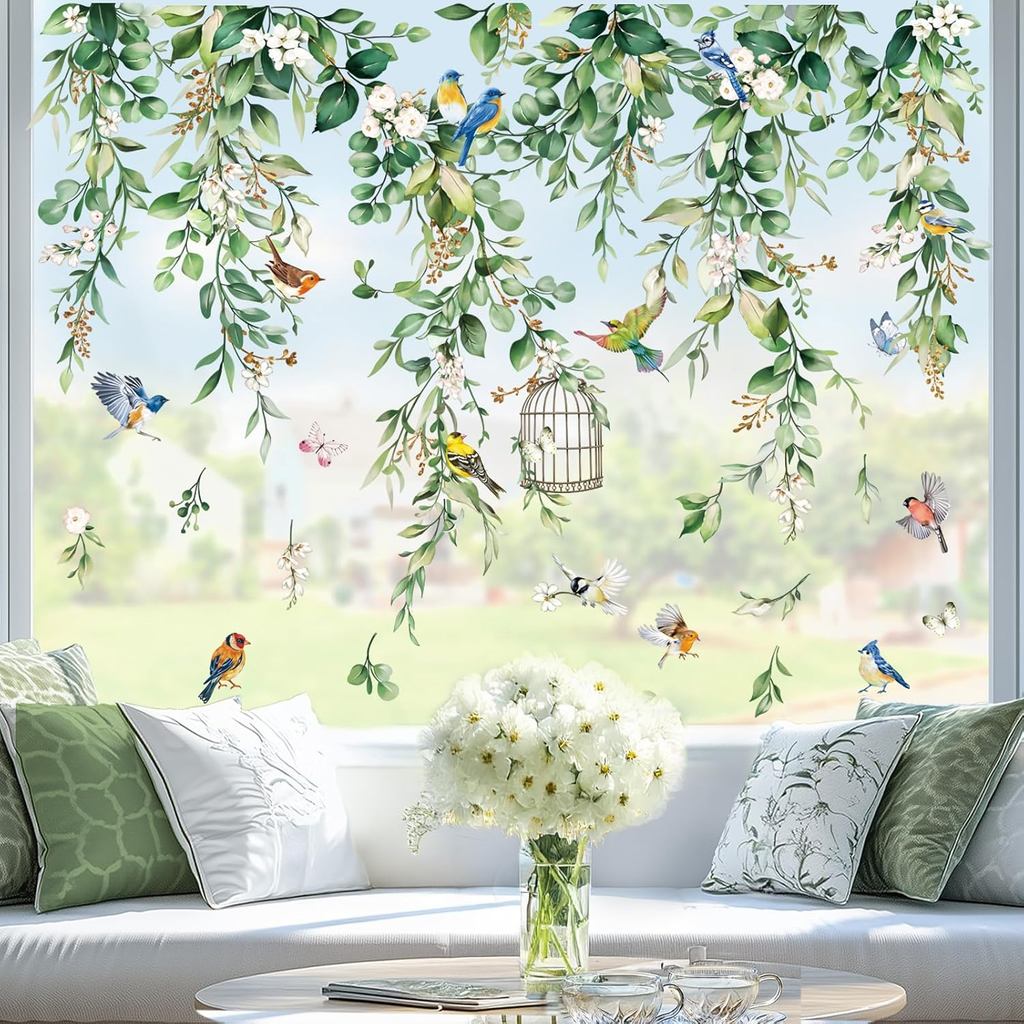 Wondever ฤดูใบไม้ผลิฤดูร้อนแขวน Vine Eucalyptus หน้าต่าง Clings ใบสีเขียวดอกไม้นกสติกเกอร์แก้ว Decal