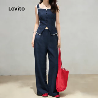 Lovito สง่างาม เสื้อหรือกางเกงลูกไม้ติดกระดุมชุดสีน้ําเงินกรมท่าฤดูใบไม้ผลิ/ฤดูร้อนสําหรับผู้หญิง หลวม เกาหลี อินเทรนด์ L179AD056