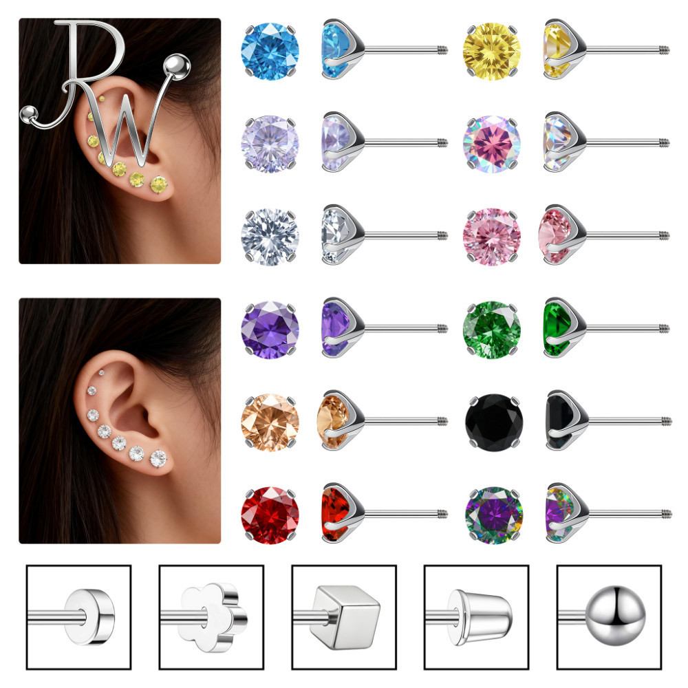 ต่างหูสแตนเลส Antiภูมิแพ้ ขนาด 20G กับคริสตัลสกรูกลับ สำหรับเจาะหูที่ Tragus
