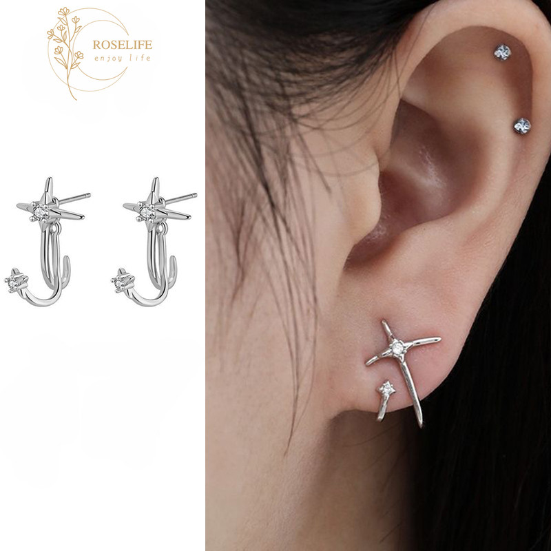 ต่างหู Cross Star Stud คริสตัลเงิน สำหรับผู้หญิงและผู้ชาย จาก Roselife ในสไตล์Street Fashion