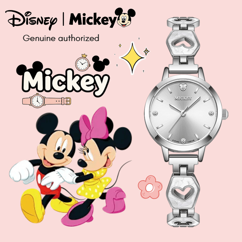 Disney Disney ของแท้ Mickey สุภาพสตรีนาฬิกา Hollow Heart-Shaped Sun รูปแบบ Dial 30 M กันน้ํานําเข้าการเคลื่อนไหวสายรัดเครื่องประดับหัวเข็มขัดแฟชั่นที่เรียบง่าย