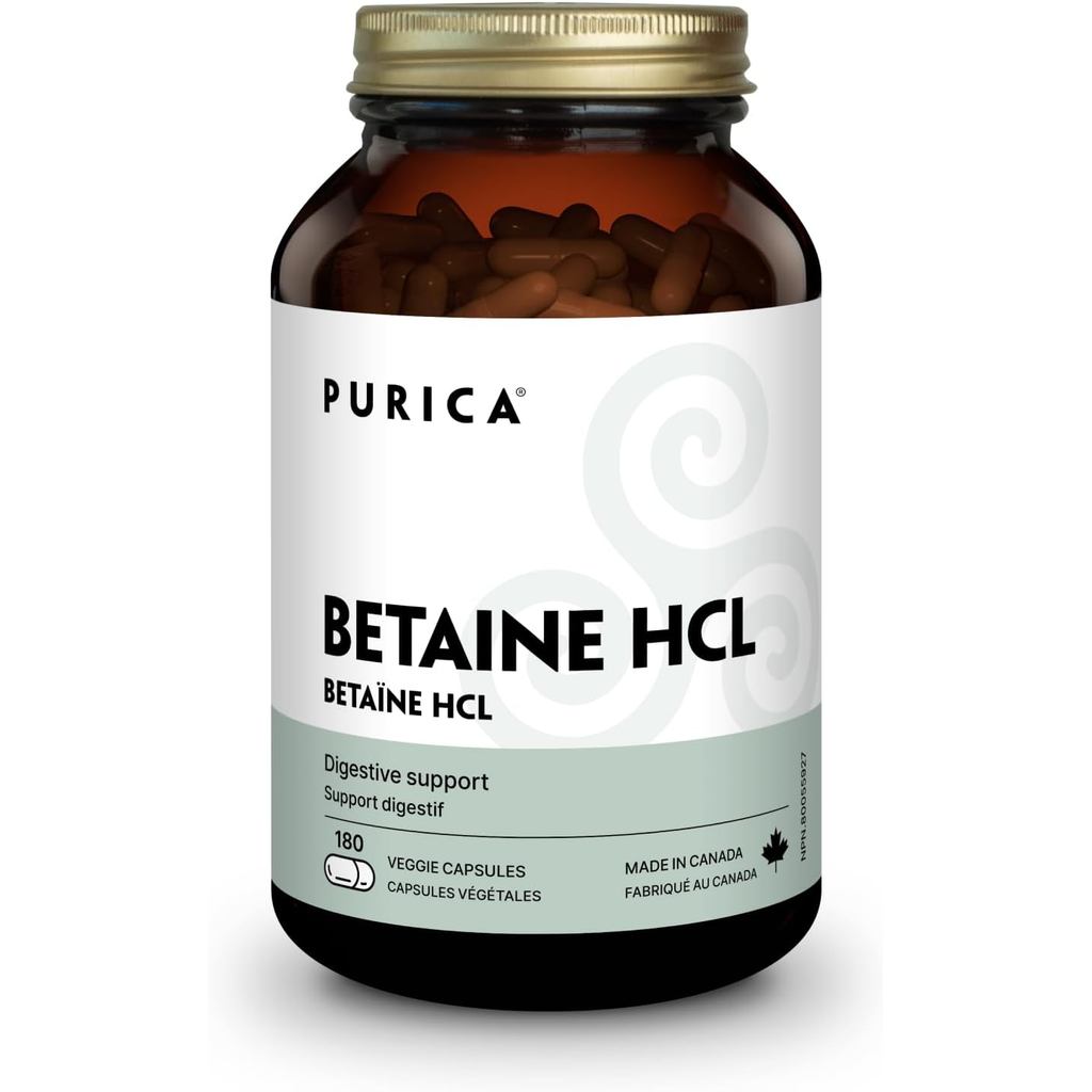 PURICA Betaine Hydrochloride HCL 500mg - 180 Veggie Capsules 180-Day ply - พอร์ตย่อยอาหารและฟังก์ชั่