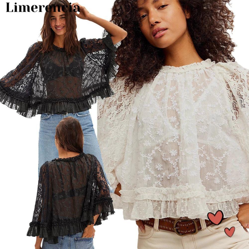 LIMERENCIA แขนยาว, Y2k Lace Sheer Ruffle Trim เสื้อ,แฟชั่นปุ่ม O คอ Crop Tops ผู้หญิง