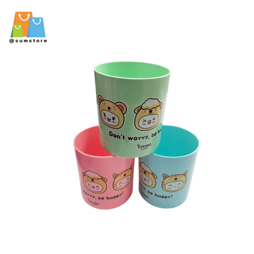 แก้วน้ำพลาสติกลายการ์ตูน 9.5x9.5CM คละสี แก้วน้ำดื่ม รุ่น EC-M9020 Don not worry be happy