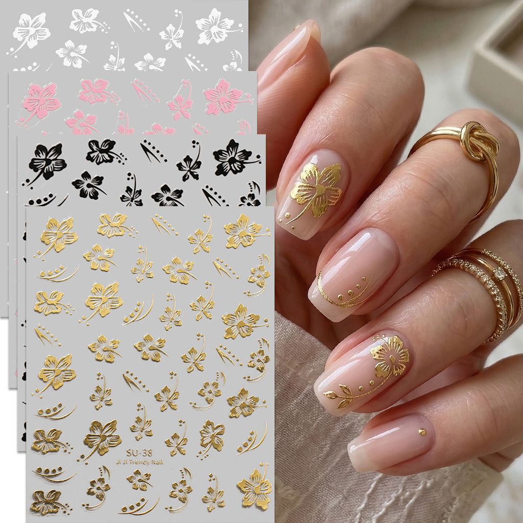 HAMA 3D นูนดอกไม้เล็บสติกเกอร์ทองเงินสีขาวสีชมพูดอกไม้เล็บ Decals 5D Bronzing Cherry Blossom กาวตกแต่งเล็บ DIY