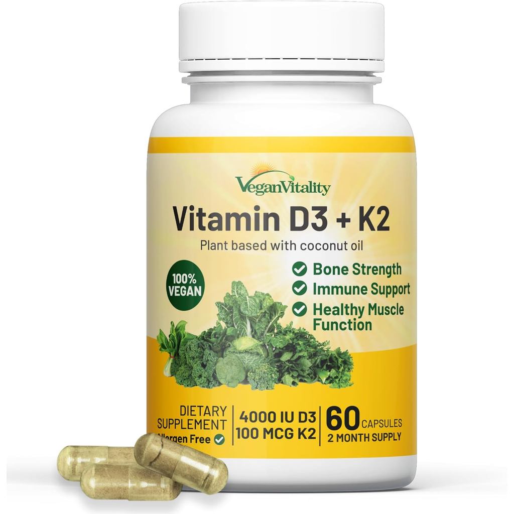 Vegan Vitality วิตามิน D3 K2 4000IU (100mcg) พร้อมน้ำมันมะพร้าว สำหรับมังสวิรัติ 60 แคปซูล