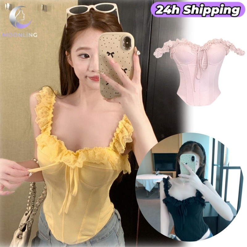 MOON 'พร้อมส่ง' เสื้อสายเดี่ยว ดีเทลลูกไม้แต่งเชือก ทรงคอร์เซ็ท เข้ารูป มีฟองน้ำ สีพาสเทล FY7016
