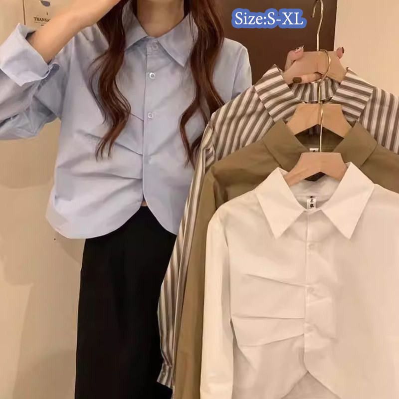 W461 เสื้อเบลาส์แขนยาวแขนสั้นทรงหลวมสำหรับผู้หญิงรุ่นใหม่ ดีไซน์มีจีบและลายทาง