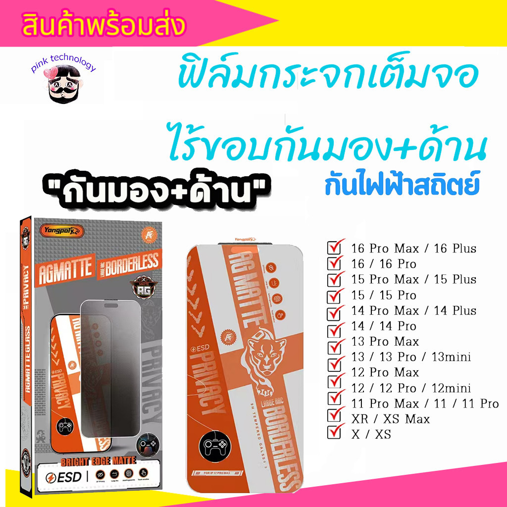 ฟิล์มกระจกเต็มจอไร้ขอบด้าน+กันมองESD กันไฟฟ้าสถิตย์  สำหรับ IPHONE 11 XR 12PRO 1315PROMAX 16PROMAX 17AIR 16PLUS 17PROAMX