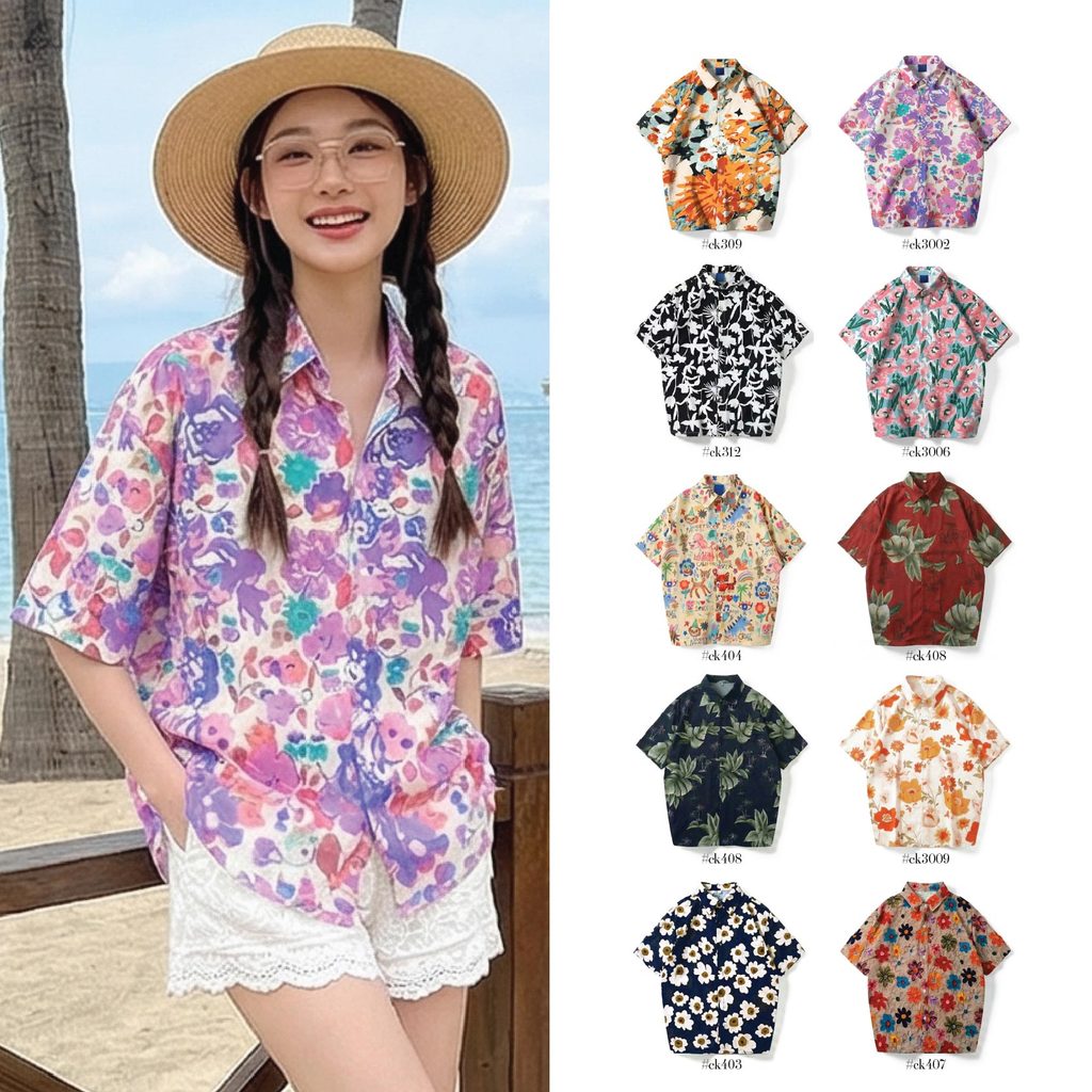 เสื้อลายดอก ผู้หญิง ฮาวาย ชุดไปทะเล กระดุมหน้า เสื้อสีขาวดอกม่วง ผ้าไหมอิตาลี เสื้อสงกรานต์ #3002