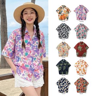 เสื้อลายดอก ผู้หญิง ฮาวาย ชุดไปทะเล กระดุมหน้า เสื้อสีขาวดอก…