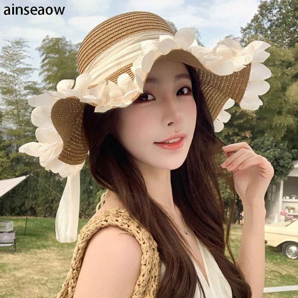 หมวกฟาง AINSEOW ปีกกว้างขอบลูกไม้หยัก หรูหรา กันแดดและระบายอากาศดี เหมาะสำหรับฤดูร้อน