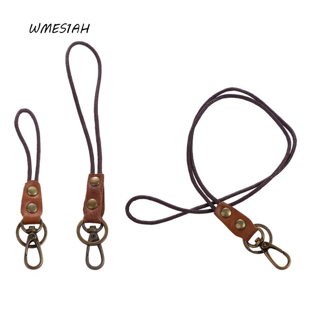 WMES1AH ข้อมือคอ Lanyard Retro สําหรับคีย์ ID Card Holder Cowhide พวงกุญแจหนังแท้โทรศัพท์สายคล้องคอ