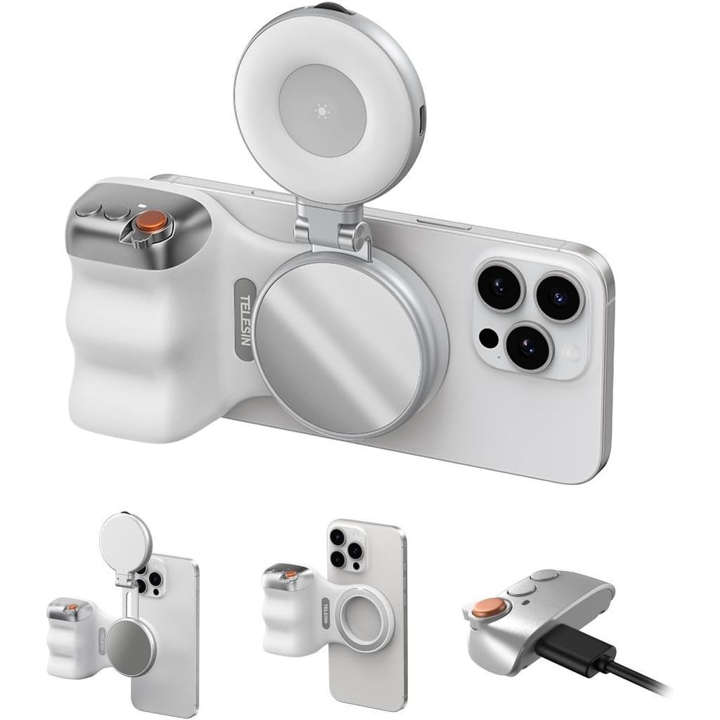 TELESIN Fun Shot Magnetic Phone Camera Grip + C03 Magnetic Selfie Light (สีเงิน) Bundle Kit เข้ากันไ