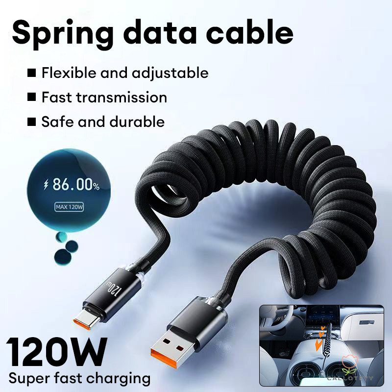สายชาร์จ USB C ถึง L ชาร์จเร็ว แบบสปริง สายชาร์จข้อมูลแบบสปริงดึงกลับได้ 120W ชาร์จเร็ว สำหรับ Huawei OPPO Xiaomi