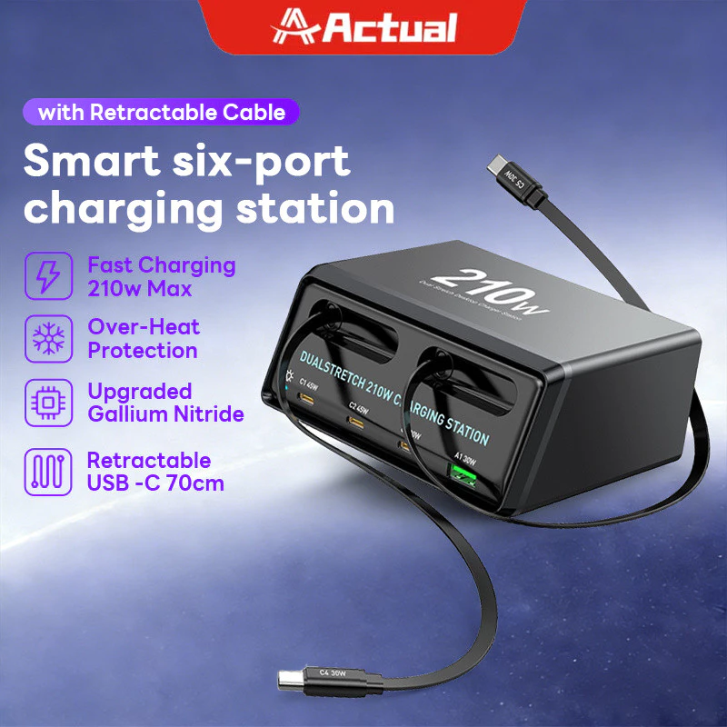 Actual COD 6-in-1 ที่ชาร์จเร็วหลายอุปกรณ์ 210W พร้อมสายชาร์จแบบยืดหดได้ ใช้ได้กับสมาร์ทโฟน แล็ปท็อป และแท็บเล็ต