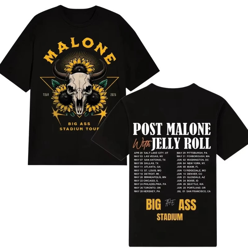 เสื้อยืดคอนเสิร์ต Big Ass Stadium Malone Post Malone Jelly Roll Tour เสื้อยืดยูนิเซ็กส์ เสื้อยืดลายพ