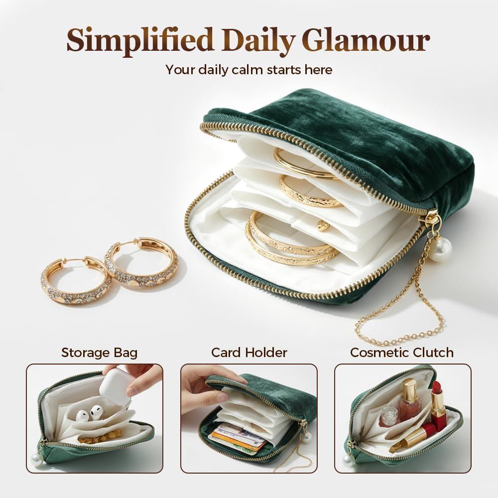 กระเป๋าใส่เครื่องประดับ Travel Jewelry Case ผ้ากำมะหยี่ มีซิป พกพาง่าย สำหรับแหวน ต่างหู สร้อยคอ สร้อยข้อมือ