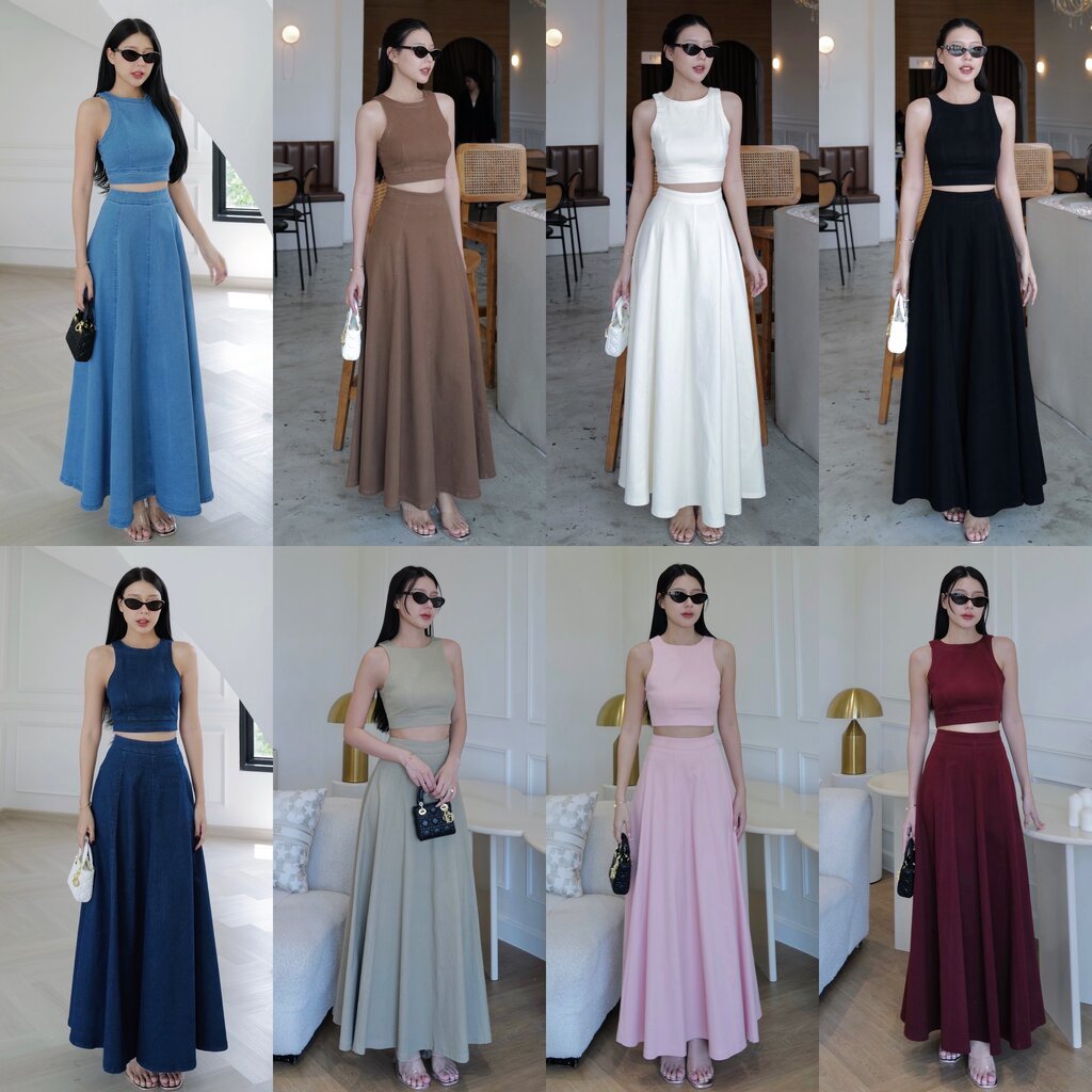 #5194# EVE CLOTHING งานเซตยีนส์ เสื้อกล้ามซิปหลัง +กระโปรงเอวสูงซิปหลัง