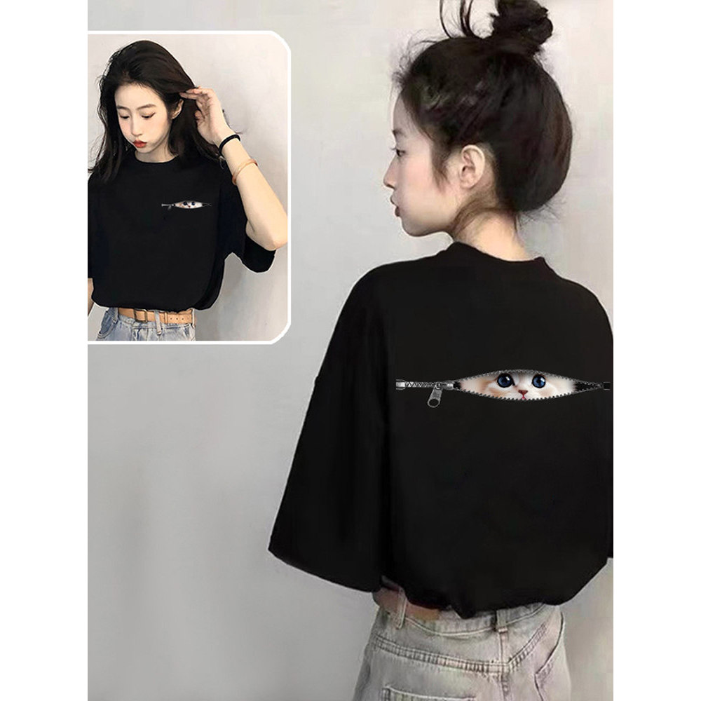 ลูกแมวสีดำแขนสั้นเสื้อยืดผู้หญิงฤดูร้อนหลวม ๆ ด้านบน 1.07