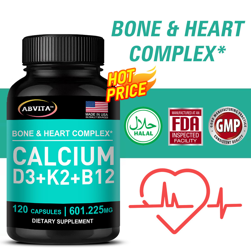 Abvita Calcium +Vitamin D3 + K2 + B12 |กระดูกแข็งแรง&หัวใจเพื่อสุขภาพ|สูตรพรีเมี่ยม|120 แคปซูล