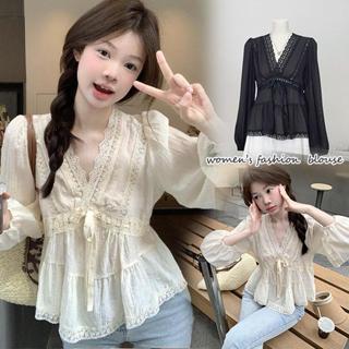 mimi&didi#เสื้อแขนยาว ผ้าชีฟองพรีเมี่ยม ทรงคอวีลึก ดีเทลแต่ง…