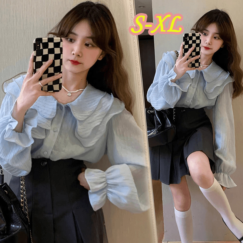 W647 เสื้อเชิ้ตผ้าชีฟองแขนยาวทรงระฆังสีฟ้าสไตล์ฝรั่งเศสแบบใหม่สำหรับผู้หญิง คอปกปีเตอร์แพนระบาย เหมาะสำหรับฤดูใบไม้ร่วง
