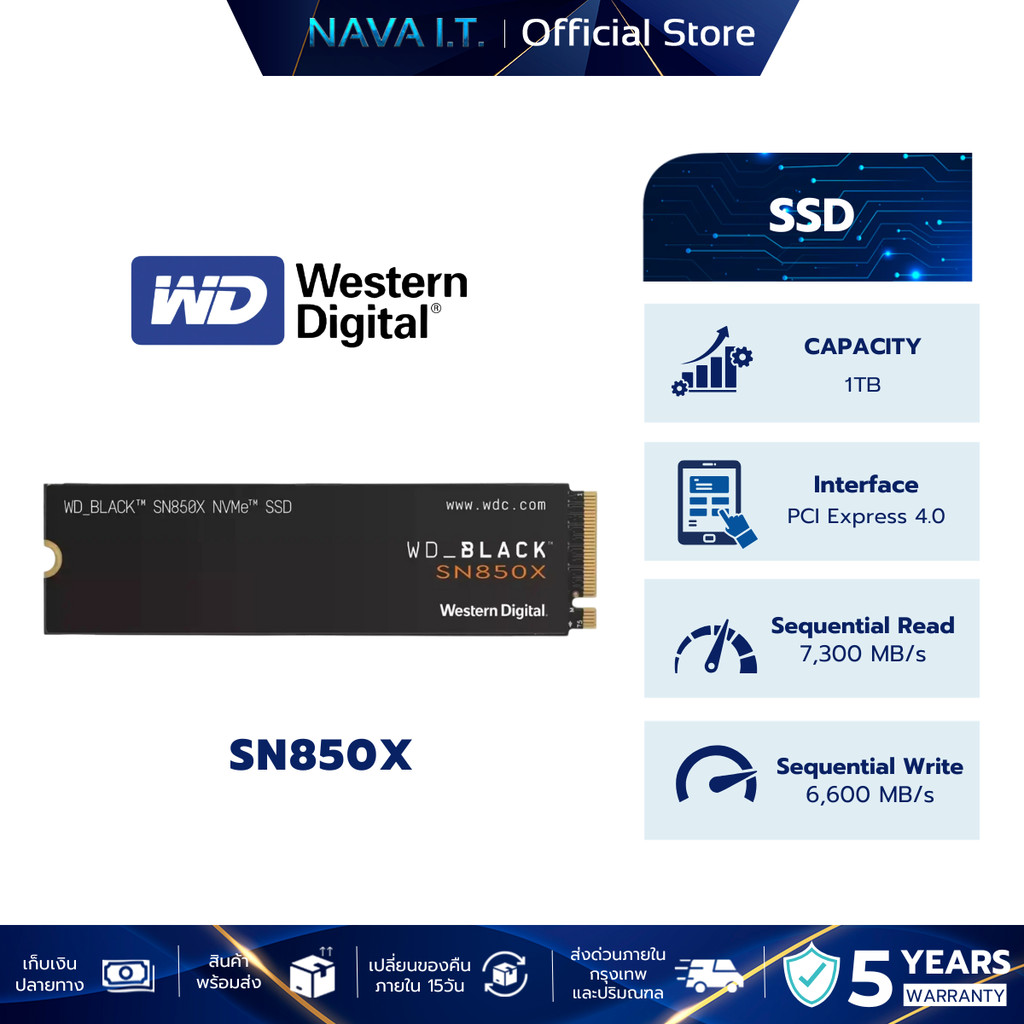 WD SSD (เอสเอสดี)  BLACK SN850X WITHOUT HEATSINK PCIe 4x4/NVMe M.2 2280 (WDS100T2X0E)