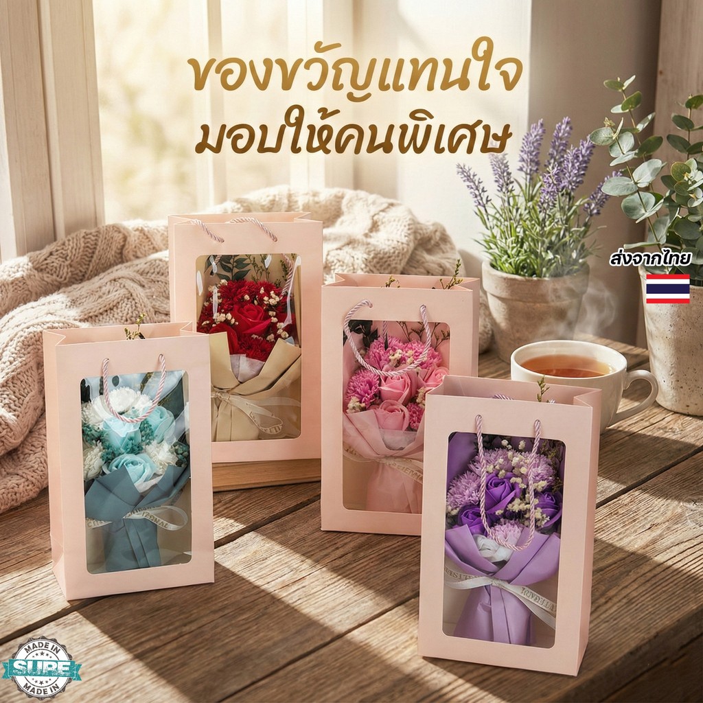 วาเลนไทน์ ช่อดอกไม้กุหลาบเคลือบสบู่ในกล่องของขวัญ พร้อมไฟตกแต่งและถุงพรีเมียม เหมาะให้วันเกิด วันครบรอบ วาเลนไทน์
