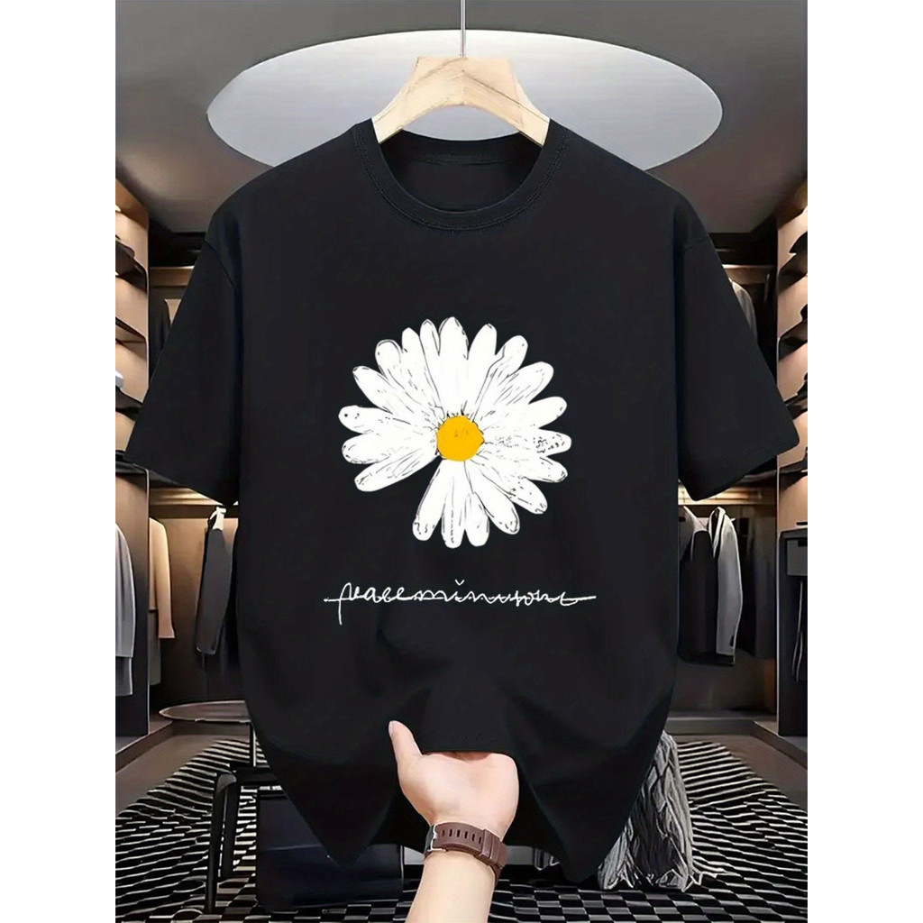 ทีเชิ้ตผ้าฝ้ายพิมพ์ลายดอกเดซี่สีดำสำหรับผู้ชาย ระบายอากาศได้ดีและสบาย เหมาะสำหรับการเดินในเมือง