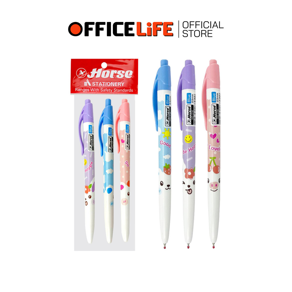 HORSE (ตราม้า) ปากกาเจล Half Gel ปากกา รุ่น HG-216 ขนาด 0.5 mm คละสี ( แพ็ค 3 ด้าม )