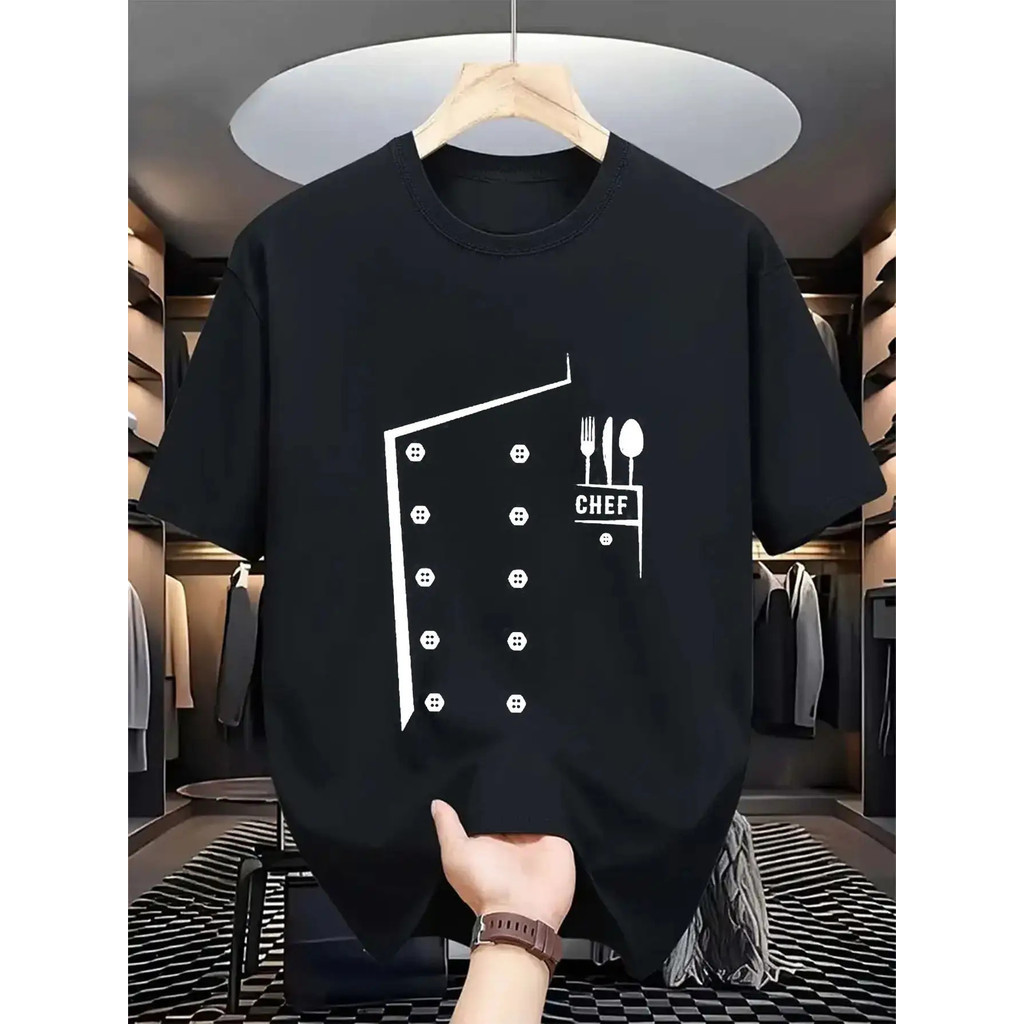 1 ชิ้น เสื้อยืดกราฟิกเชฟผู้ชาย - ดีไซน์การทำอาหารพร้อมลายหมวกเชฟและอุปกรณ์ ระบายอากาศได้ดี