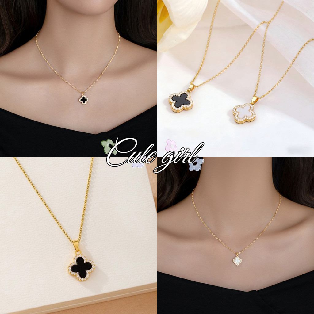 necklace สร้อยคอ ประดับเพชร จี้ โคลเวอร์สี่แฉก ins แฟชั่นย้อนยุค เรียบง่าย ส่งเร็ว COD