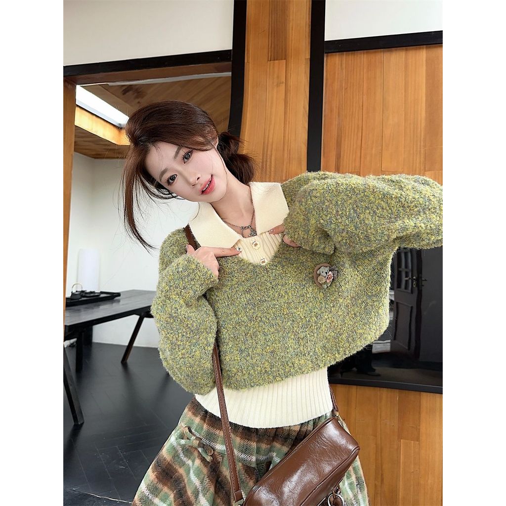 กระโปรงสีสูงทรงหวาน เสื้อกั๊คลายสก๊อตแขนยาว ชุดสามชิ้นสีแอปริคอท สำหรับผู้หญิง กันหนาวในฤดูหนาว | FC