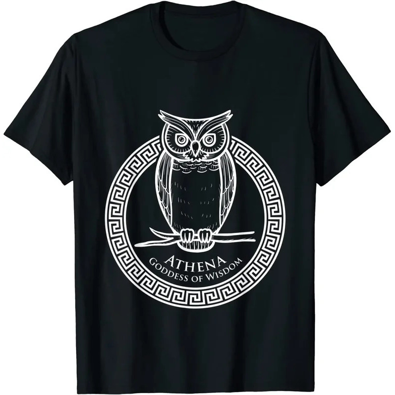 Athena Dewi Wisdom Greek Mythology เสื้อยืดผ้าฝ้าย 100% O-คอแขนสั้นลําลองผู้ชายเสื้อยืดขนาด S-3XL