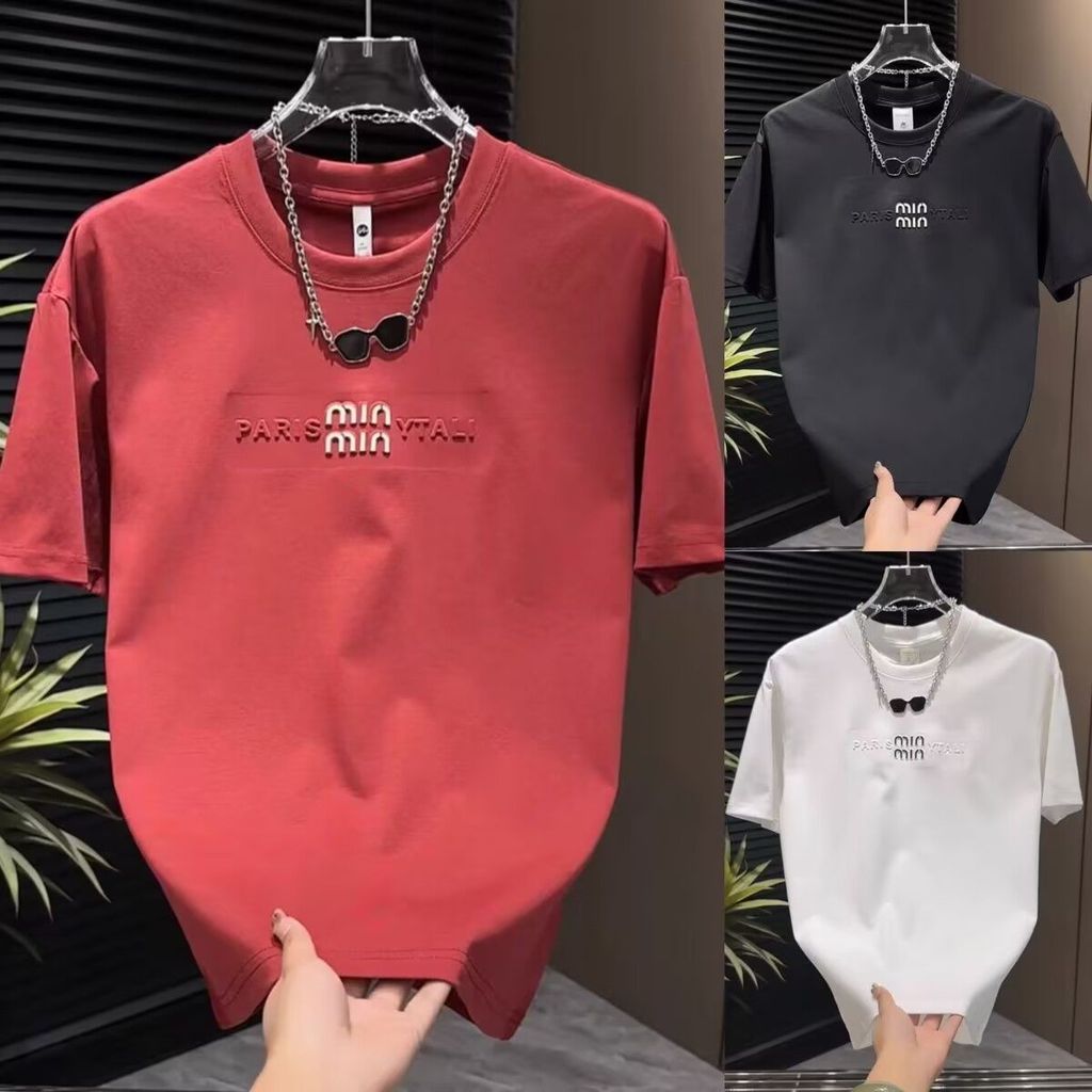 ฤดูร้อน High-End เสื้อผ้าผู้ชาย All-Match เหล็กปั๊มตัวอักษรแขนสั้นเสื้อยืดเสื้อผ้าครึ่งแขนสีทึบแนวโน้มแฟชั่น