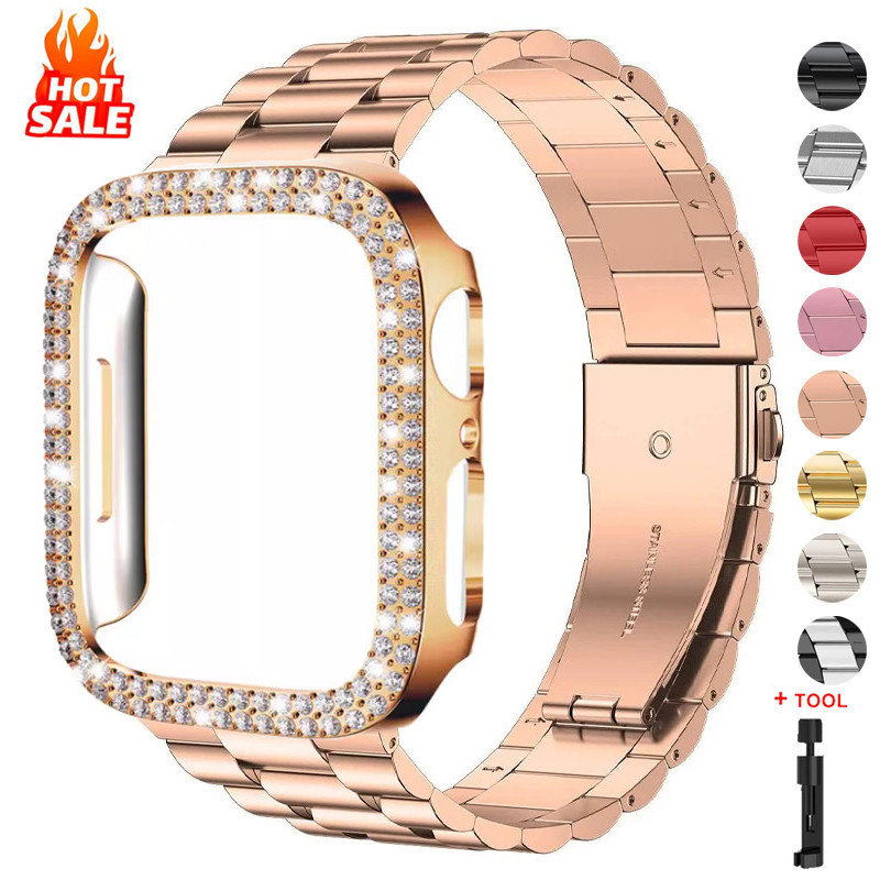 เคสเพชร + สายสแตนเลสโลหะเข้ากันได้สําหรับ Apple Watch Ultra 3/2 49/46 มม.42 มม.44/45/41/40/38 มม. Series 11/10/9/8/7/6/5/SE/4/3