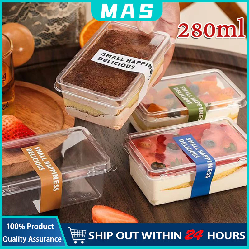 MAS 50PCS รูปสี่เหลี่ยมผืนผ้า กล่องพลาสติกโปร่งใส กล่องมูสเค้ก ชีสเค้ก กล่องลูกอม ถ้วยโยเกิร์ต แพ็ค หนา แข็งแรง 280 มล