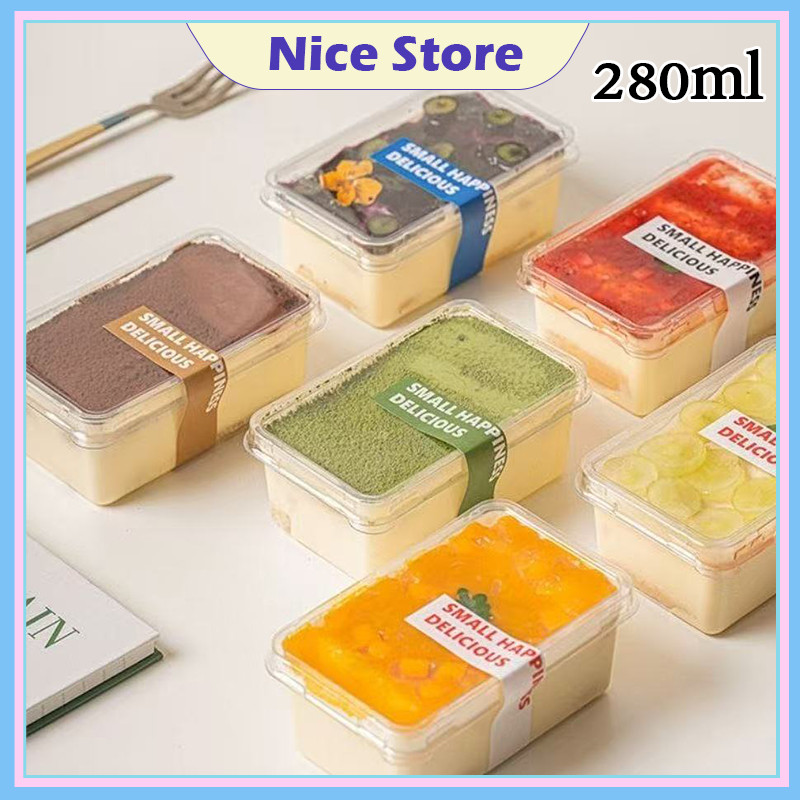 NICE 50PCS รูปสี่เหลี่ยมผืนผ้า กล่องพลาสติกโปร่งใส กล่องมูสเค้ก ชีสเค้ก กล่องลูกอม ถ้วยโยเกิร์ต แพ็ค หนา แข็งแรง 280 มล