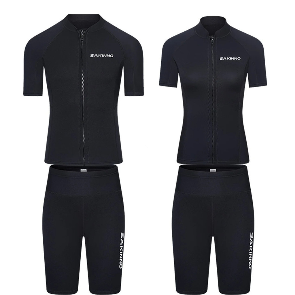 ผู้ชายผู้หญิง 2 มม. Neoprene แยก Wetsuit ซิปด้านหน้าแขนสั้นเสื้อดําน้ําและกางเกงขาสั้นดําน้ําดูปะการังท่องชุดว่ายน้ําฤดูร้อน