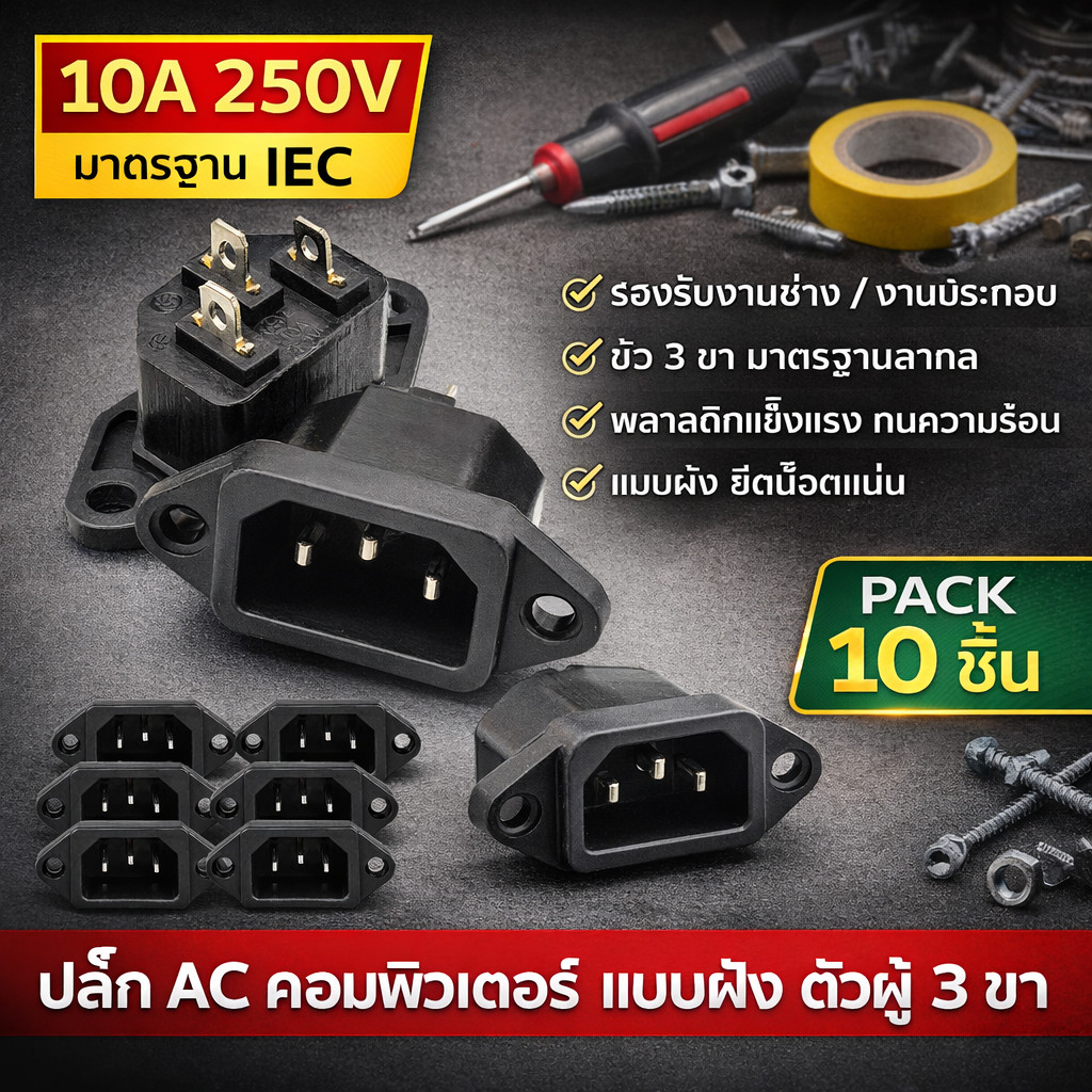 💥(แพ็ค 10 ชิ้น) ปลั๊ก AC คอมพิวเตอร์ แบบฝัง มีหู 3 ขา 10A 250V มาตรฐาน IEC | ปลั๊กตัวผู้ ติดตั้งตู้ไฟ |