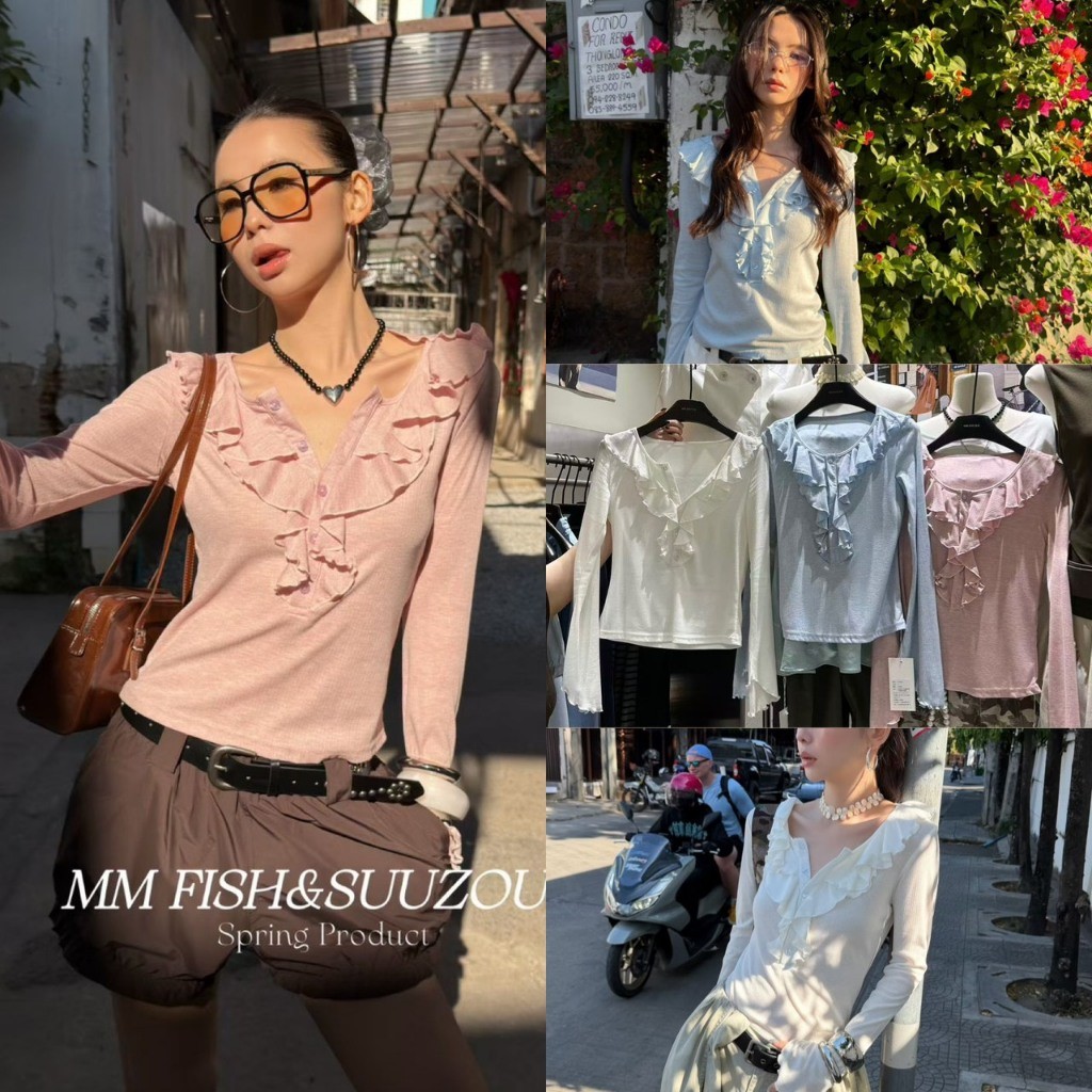 ❤ 🧵 🇰🇷 SU029 เสื้อแขนยาว คอเสื้อแต่งระบายน่ารักๆ ผ้าดีใส่สบาย ไม่หนาไม่บาง โทนสีพาสเทล แฟชั่นเกาหลี TAG MM Fish 🧵🧡