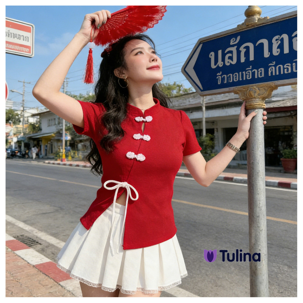 เสื้อครอปตรุษจีนแขนสั้นผู้หญิง เอวเข้ารูป สไตล์จีนโมเดิร์น