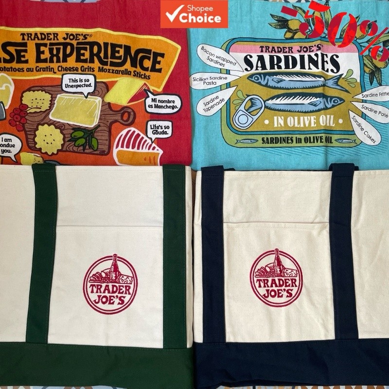 แฟชั่น Desin ขนาดใหญ่ Trader Joes กระเป๋าผ้าแคนวาสปักกระเป๋าช้อปปิ้งกระเป๋าสะพายผ้าใบ