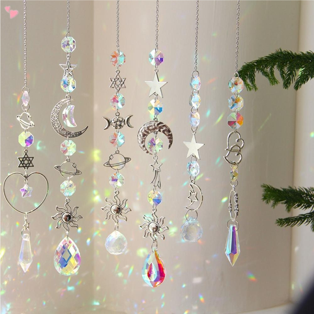 คริสตัล Suncatcher, เพชรที่มีสีสัน Star Moon Sun พวงหรีดพืชสวน Gathering Sun Catcher ในร่มหน้าต่างแขวนเครื่องประดับสําหรับบ้านสวนเพดาน Christmas Party งานแต่งงาน