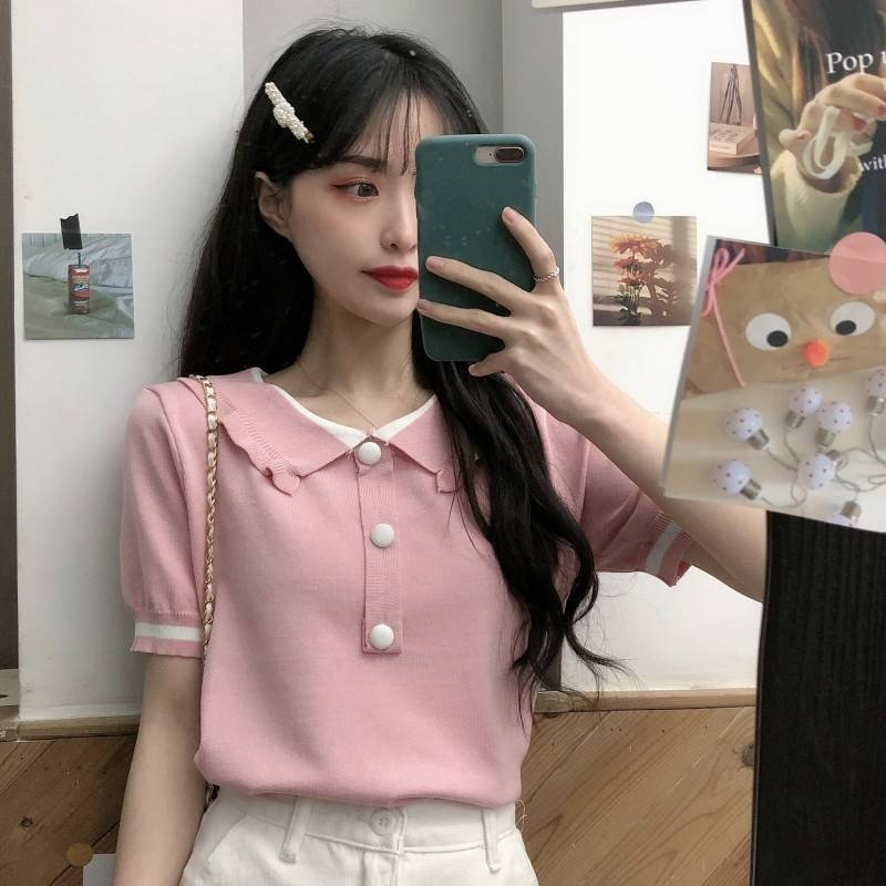 ✨Fairy style✨ เสื้อไหมพรม คอปกแต่งกระดุม สม็อคแขนและเอว#6350
