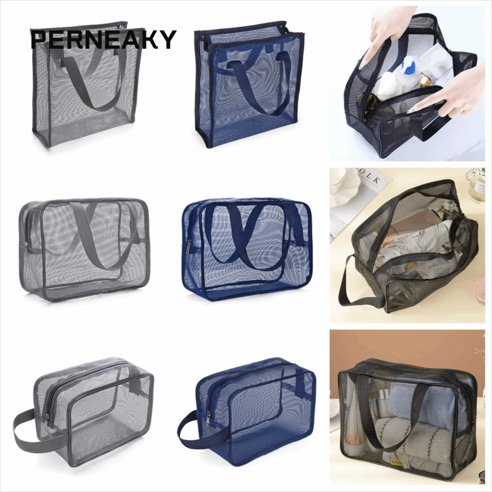 Perneaky ถุงตาข่ายอาบน้ํา, สีเทาสีฟ้า Beach Handhold Storage Bag, ตาข่ายพับได้ทนทานรั่วน้ําแต่งหน้ากระเป๋าถือห้องน้ํา Shower Organizer