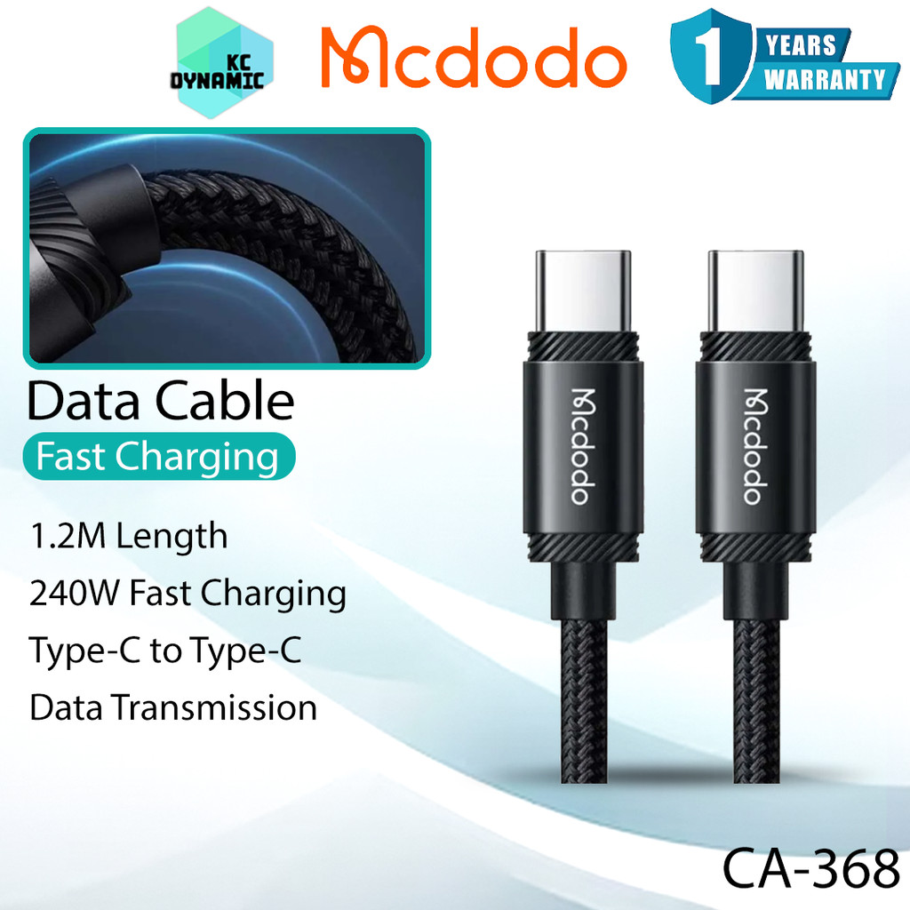 Mcdodo CA-368 Data Cable 240W Fast Charging Cable 240W Cable 1.2M ความยาว Type-C Cable Mcdodo CA-368