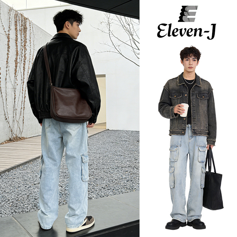 Eleven-J กางเกงยีนส์คาร์โก้ผู้ชายทรงตรงขากว้าง สีน้ำเงิน | แบบวินเทจ เอวสูง มีกระเป๋าหลายช่อง ไซส์ M-3XL ✅ เนื้อผ้าเย็นหายใจได้ สวมใส่ลำลอง-เที่ยวทะเล ส่งฟรี 2026